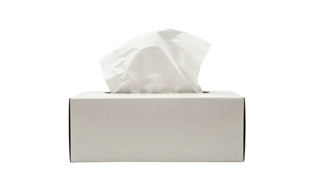 Rectangular white cardboard tissue box with a single soft paper tissue pulling out from the opening isolated on a transparent background