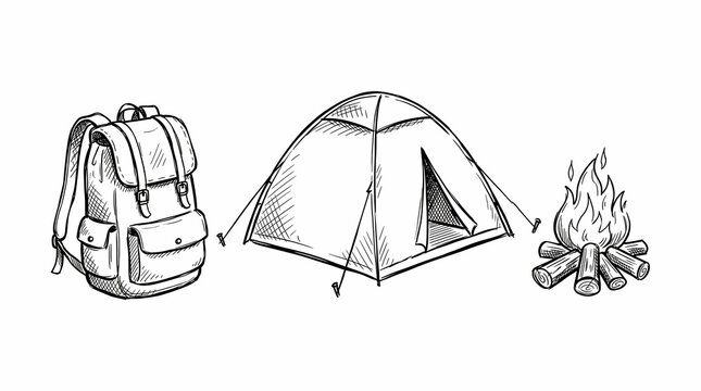 Travel gear collection featuring a durable rucksack a sturdy dome shelter and an active burning campfire for outdoor enthusiasts planning a wilderness excursion in the forest during the summer