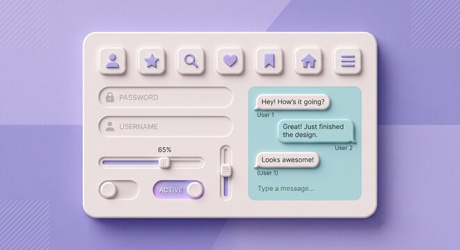 3D rendered modern app interface dashboard with messaging bubbles and sliders in pastel purple