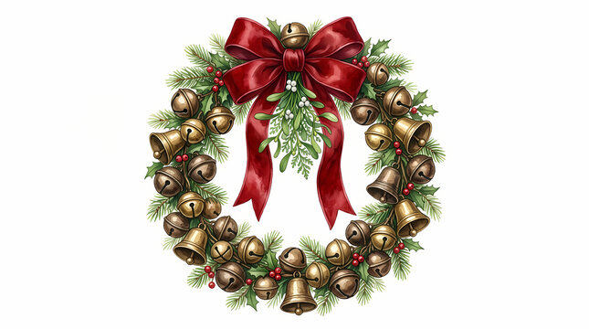 Decorative Festive Christmas Wreath Adorned With Golden Hanging Bells And Lush Green Pine Branches Featuring A Large Red Satin Ribbon Bow For Traditional Winter Holiday Season Home Door
