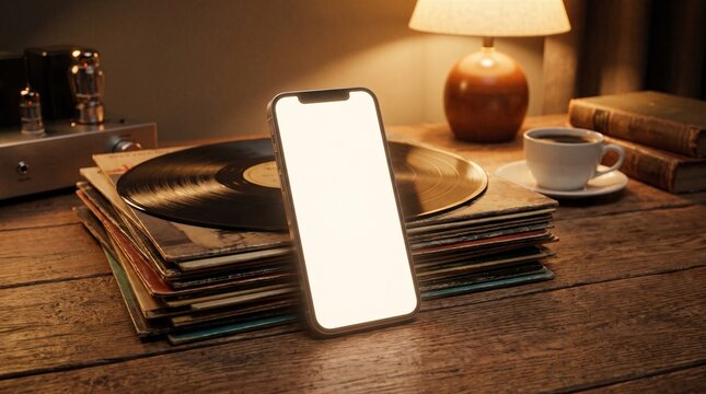 Smartphone resting on a stack of vinyl records and vintage equipment