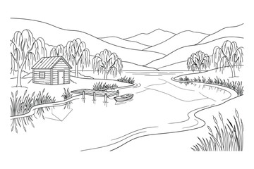 Fototapeta premium Rustic cabin near a winding river with distant rolling hills and trees