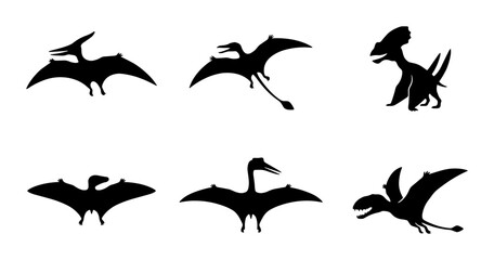 Pterodactyl Silhouettes, Prehistoric Flying Reptiles, Dinosaur Icons, Vector Set © Jamil