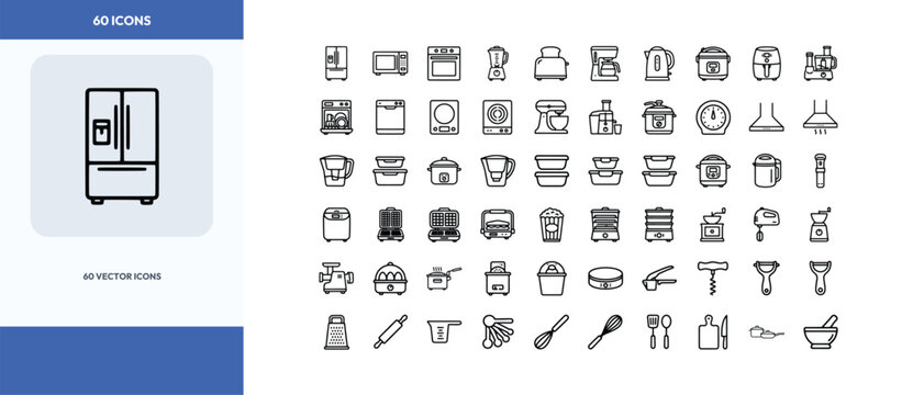 Collection of sixty linear kitchen appliance icons for home cooking and food preparation.
