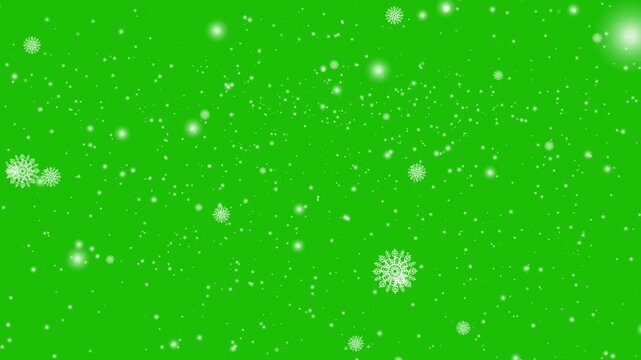 Heavy snow flakes falling overlay on green screen background. Snowfall overlay bokeh particle and winter glitter flying. Realistic winter storm weather warning. Winter christmas snow isolated screen.