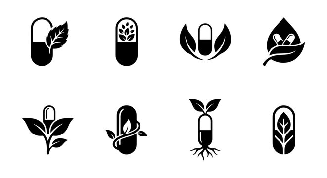 Herbal Medicine Icons, Natural Health Capsules, Organic Supplements, Plant-Based Remedies Vector Set