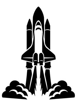 Black silhouette of a space shuttle with boosters, flames, and smoke at liftoff, bold vector design symbolizing exploration, technology, and innovation.