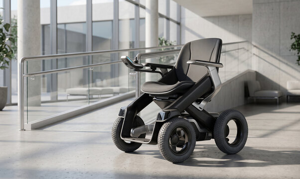 A modern all-terrain wheelchair designed for accessibility and comfort, featuring robust wheels and an ergonomic seat in a spacious interior setting.