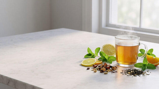 A steaming glass of weight loss tea on a marble table with fresh lemon slices, mint leaves, and dried loose tea herbs for a healthy morning routine