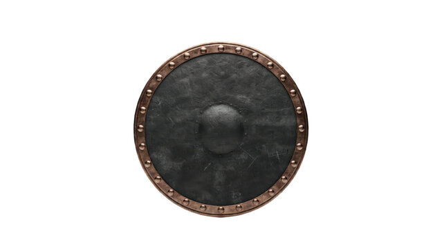 Round medieval viking shield with a dark textured surface and a bronze metallic rim with rivets isolated on a transparent background