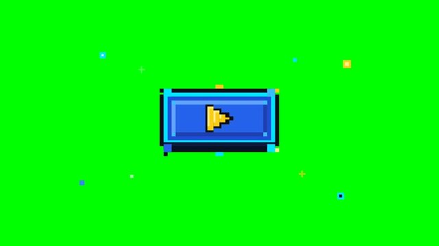 Retro pixel art play button animation with green screen background