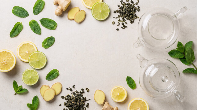 Weight loss tea ingredients flat lay with green tea leaves lemon lime slices mint and fresh ginger root surrounding empty glass teapots on table top