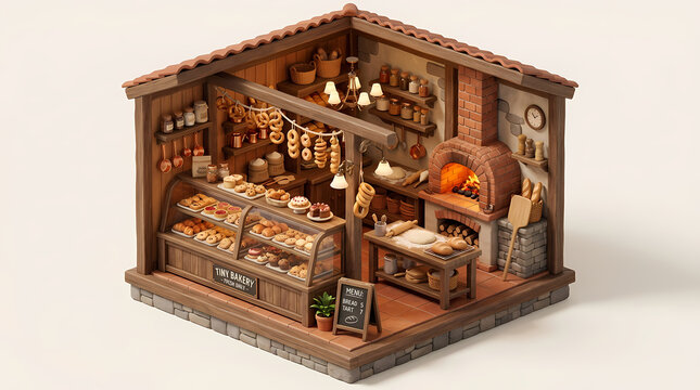 A miniature wooden bakery shop features a warm rustic hearth oven with fresh bread loaves and pastry displays inside a small charming culinary space that invites customers for handmade delights