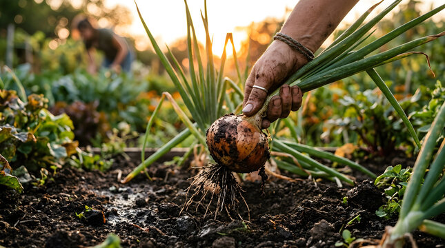 Hand Harvesting Fresh Organic Brown Onion from Garden Soil | Farmer Pulling Large Onion Bulb from Soil in Sunlight | Close Up Hand Pulling Organic Onion with Roots in Garden | Harvesting Fresh Brown 