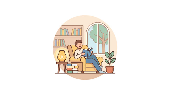 Circular illustration of a man reading book in armchair.