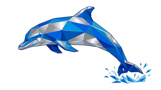 Geometric stylized dolphin leaping from water created with polygonal facets and sharp triangular shapes to showcase marine life intelligence and aquatic movement for decorative branding concepts