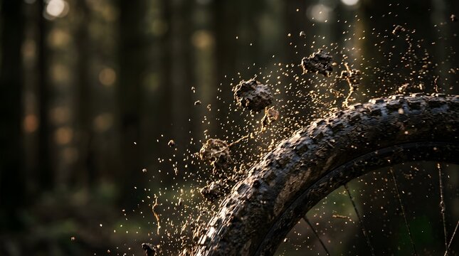 Mountain bike wheel spraying mud in a forest at sunset action shot