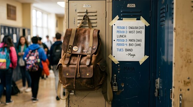 Worn Leather Backpack Hanging on School Locker in Busy Hallway