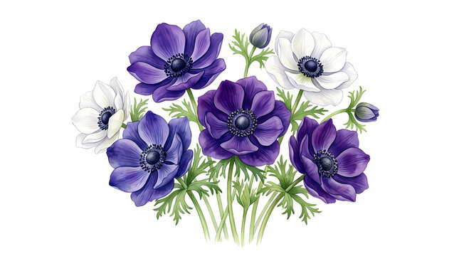 Vibrant purple and snowy white anemone flower bouquet displaying lush petals and green stems arranged together in a botanical cluster representing natural spring beauty for creative floral decor