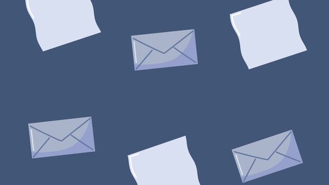 Abstract motion graphic animation of falling paper sheets and envelopes on dark blue background with dynamic movement.