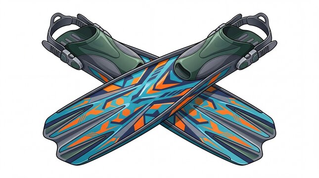 Professional scuba diving flippers featuring colorful geometric patterns arranged in crossed position isolated on white background