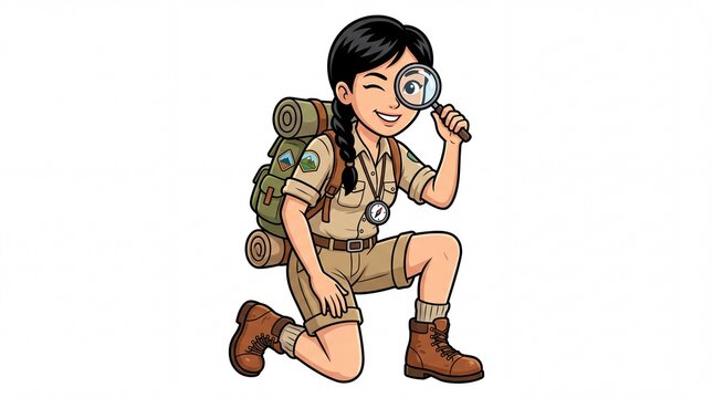 Girl explorer with a magnifying glass wearing a travel backpack looking curious on white background