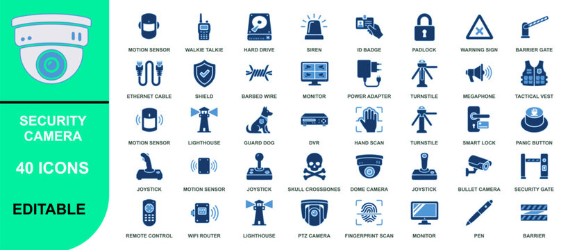Set of 40 editable security and surveillance icons for digital projects isolated on white background, Vector, illustration
