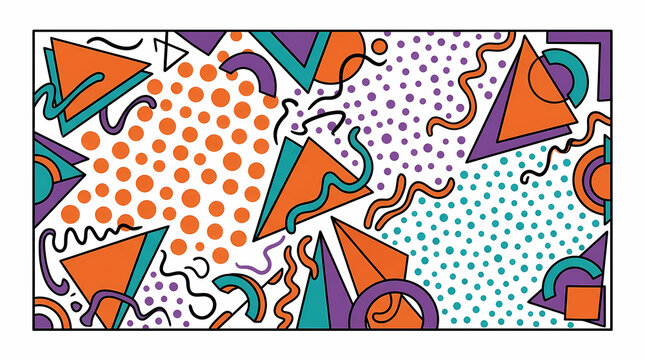 Vibrant retro pattern featuring geometric shapes triangles circles and squiggly lines in a colorful arrangement that captures a nostalgic nineties aesthetic for creative surface print design