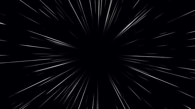 Comic speed lines fast moving animation on black background. Dramatic zoom velocity speed lines radiating from the middle to the outside. Anime manga speed lines with subtle light streaks animated.