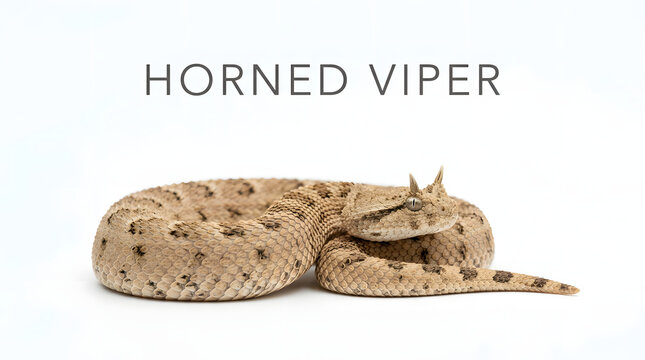 A coiled horned viper snake on a neutral background. The snake has prominent horns above its eyes and a patterned body.
