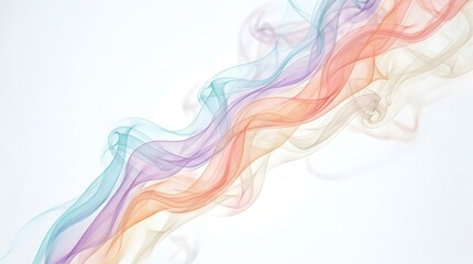 Fototapeta premium Abstract diagonal composition of multicolored translucent smoke trails in pastel blue, purple, orange, and red hues flowing against a clean white background.