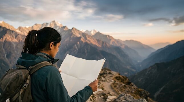 Young woman with backpack holding map during mountain hiking adventure