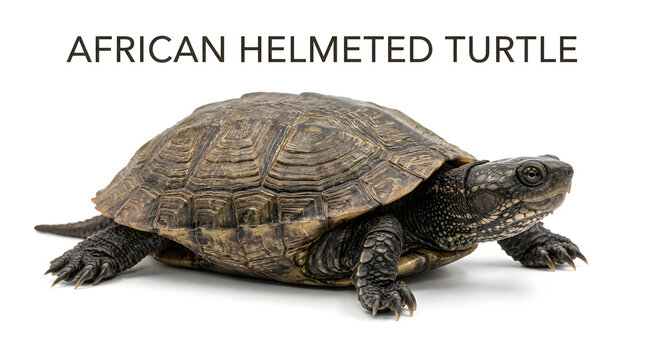 An African helmeted turtle with a patterned shell and dark eyes, displayed prominently