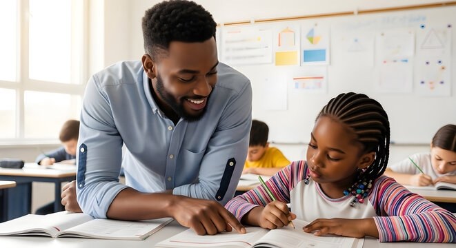 Caring male teacher patiently helping focused young female student with her schoolwork in bright elementary classroom