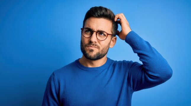 Wondering and confuse young handsome man with beard in a casual sweater and glasses against a blue background, expressing doubt.