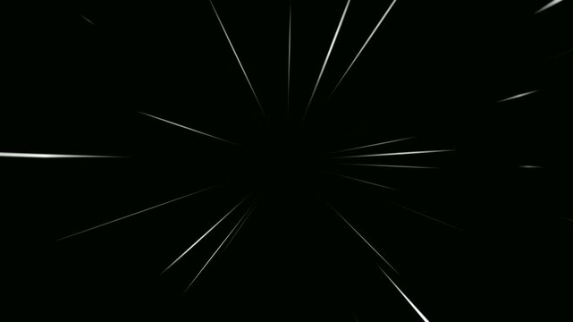 Comic speed lines fast moving animation on black background. Dramatic zoom velocity speed lines radiating from the middle to the outside. Anime manga speed lines with subtle light streaks animated.