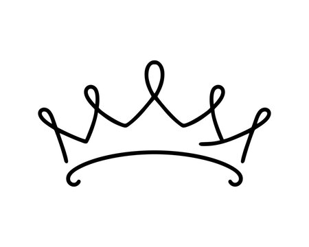 Minimalist continuous line art drawing of a royal crown, black outline on a clean white background, elegant and simple design.