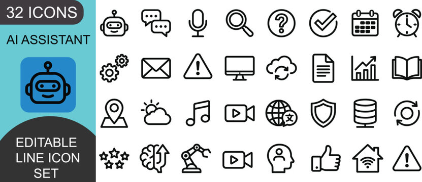 Set of 32 AI assistant editable line vector icons representing modern technology artificial intelligence automation and digital communication