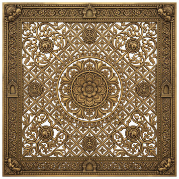 Square Carved Floral Relief Panel with Central Rosette, Geometric Lattice, and Ornamental Medallions