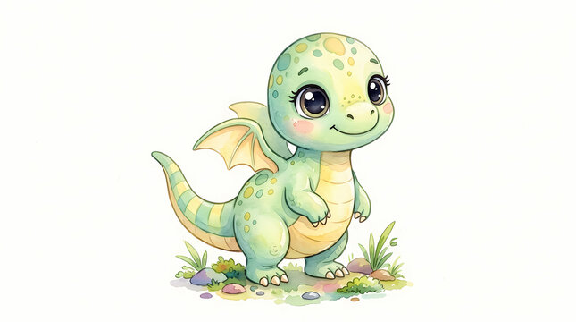 A cute little mythical green dragon creature standing in a patch of wild grass and tiny colorful rocks with happy eyes and wings spread ready for a magical adventure in a fantasy fairytale forest