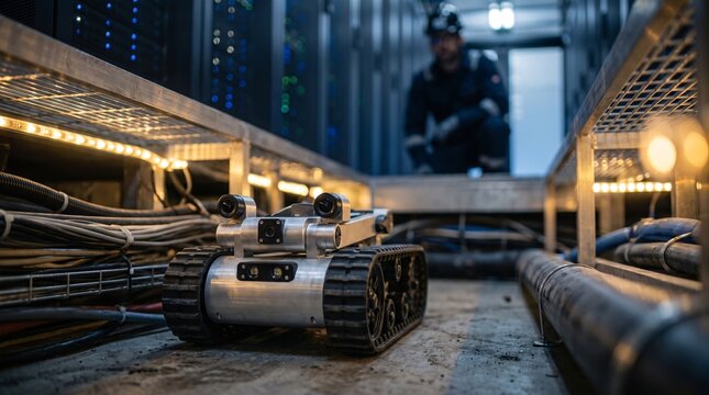 Industrial inspection robot navigating a crawlspace under a server room with a technician