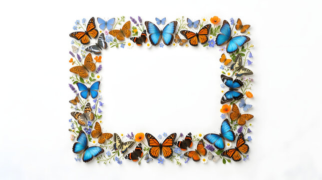 Colorful butterfly frame border with vibrant floral elements on a white background