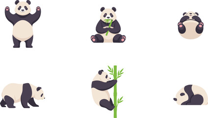 Cute giant panda character vector set showing different actions like standing, eating bamboo, rolling, walking, climbing, and sleeping for wildlife conservation designs © Md. Al-Amin