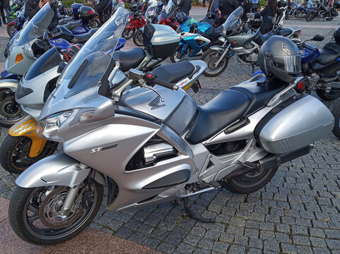 Grodno, Republic of Belarus. - September 09, 2018: A Honda ST1300 Pan-European touring motorcycle equipped with hard panniers and crash bars.