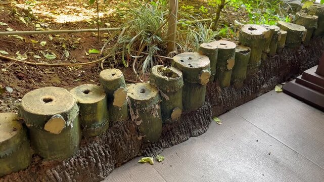 Close Up Bamboo Log Garden Edging Border along Terrace