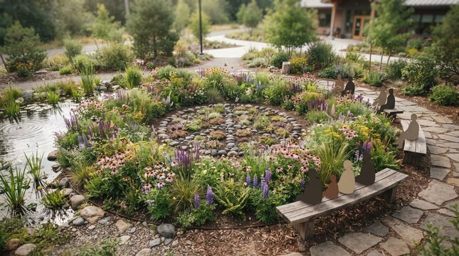 Peaceful labyrinth garden path made of lavender and green shrubs for spiritual meditation and walking