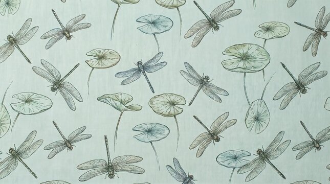 Dragonflies and lily pads create a repeating floral pattern on teal