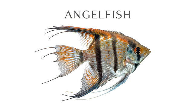 An angelfish with striped orange and black markings swims gracefully, its fins extended elegantly