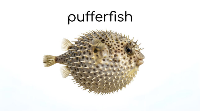A pufferfish with sharp spines, showing its round body and small fins. The word 'pufferfish' is written above it