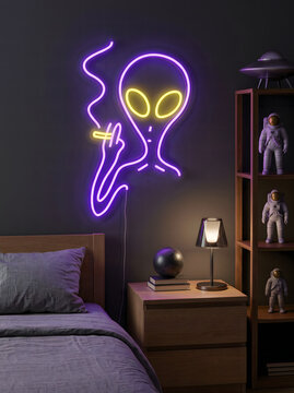 Neon alien head light decoration in a bedroom setting